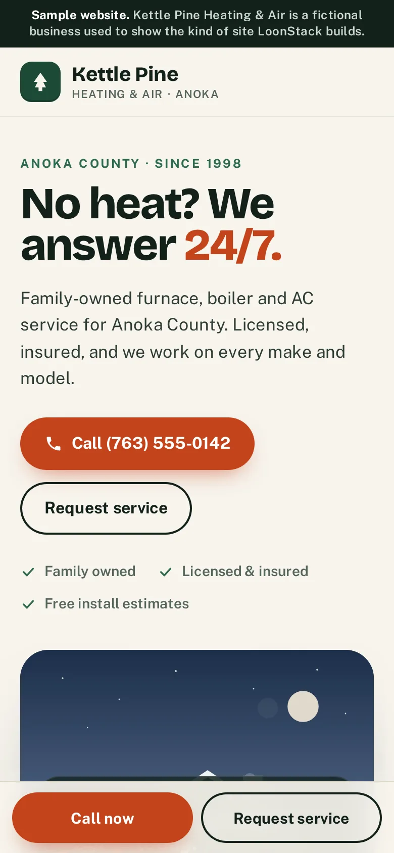 After: the rebuilt homepage on a phone, with a large headline and a call button